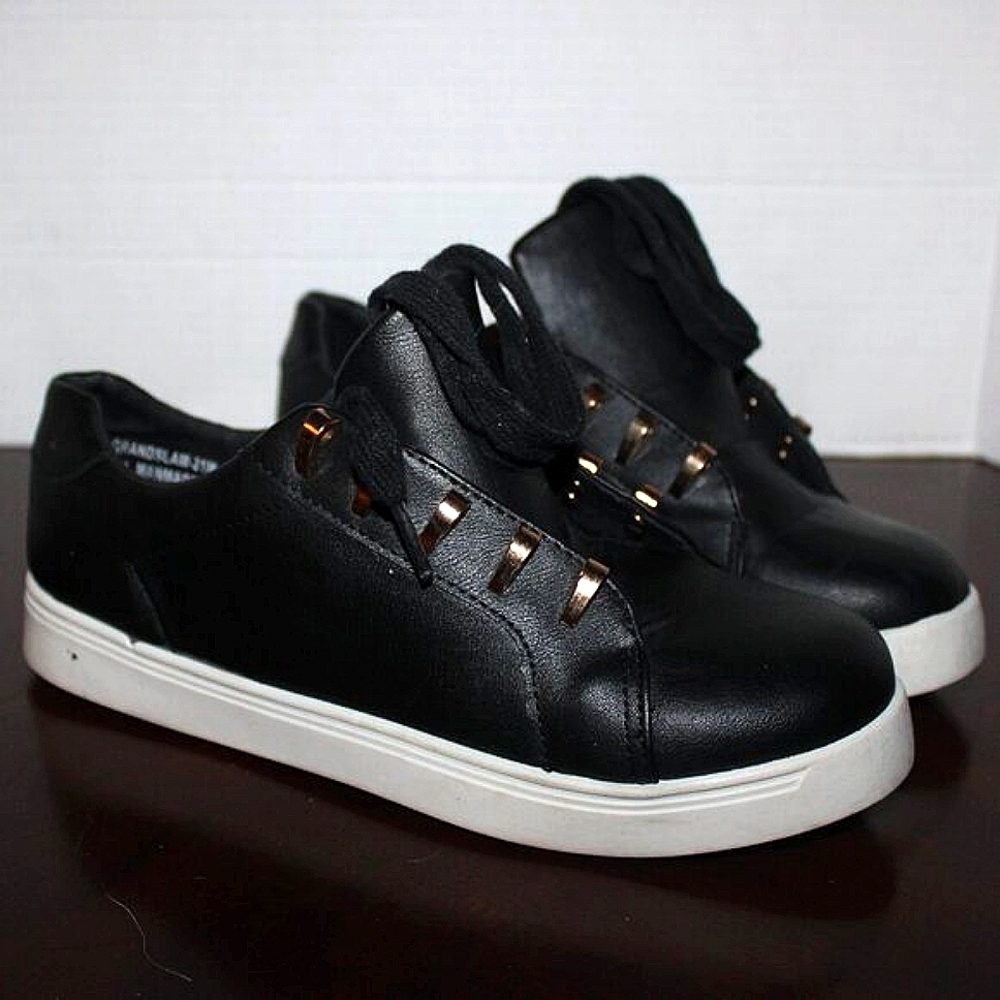 Bamboo Slip-On Sneakers - Women's Size 8 - Black - Gold Stud Detail - W/Laces